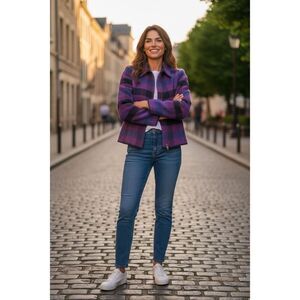 Vintage Dressbarn Zip-Front Jacket Size 12 Purple Plaid Retro Women Wool Blend